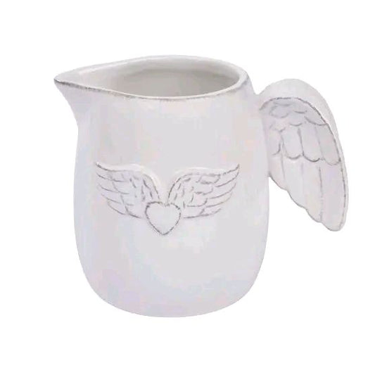 Angel Wing Jug, White Embossed Ceramic with Wing Handle