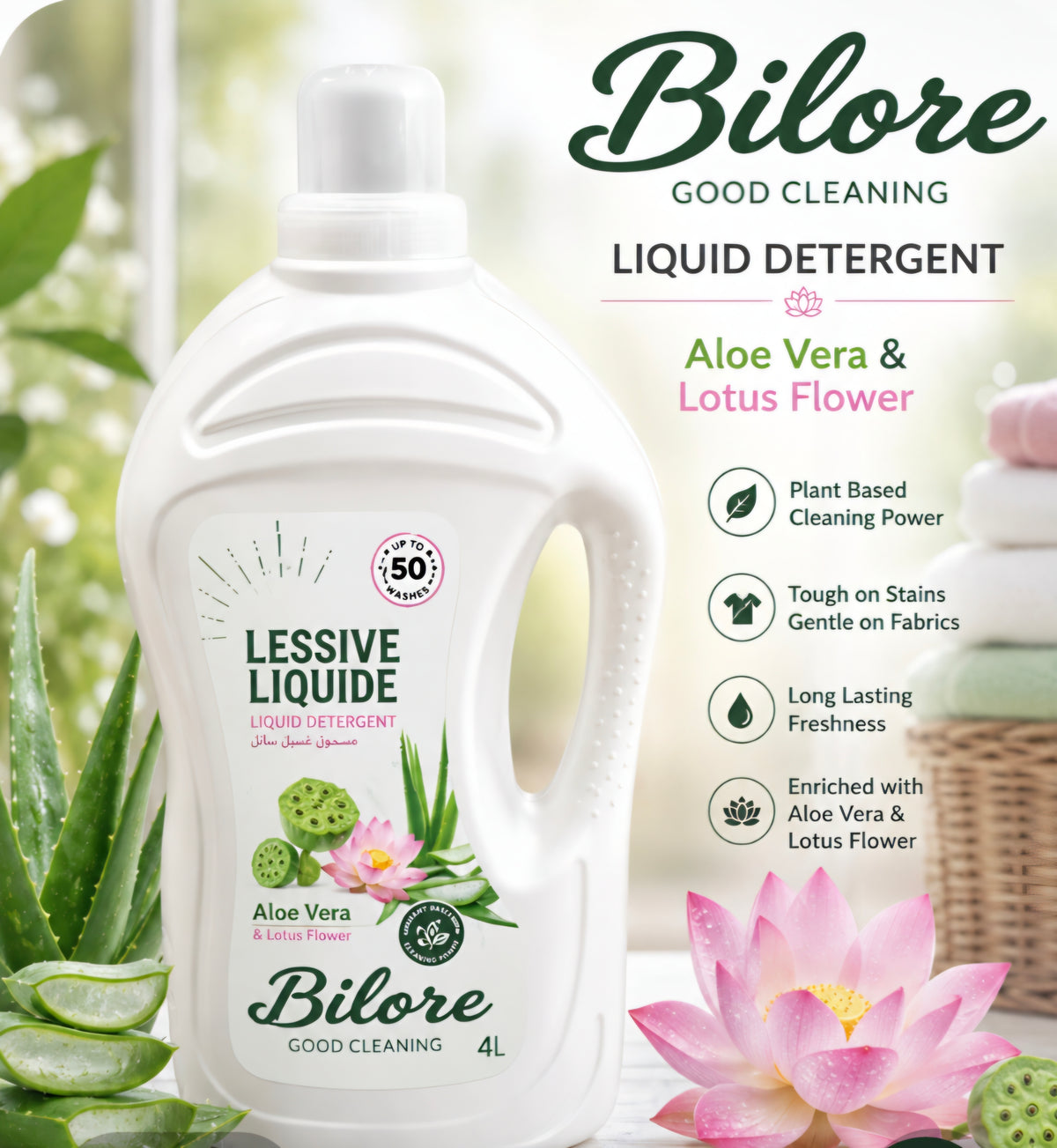 Bilore Good Cleaning Liquid Detergent featuring aloe vera and lotus flower 4L