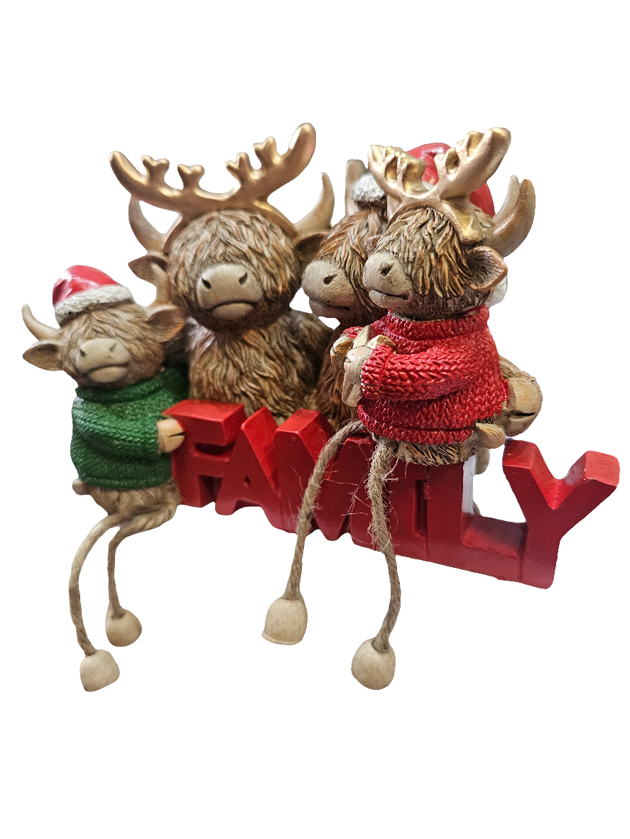 Christmas Highland Cow Family Statue