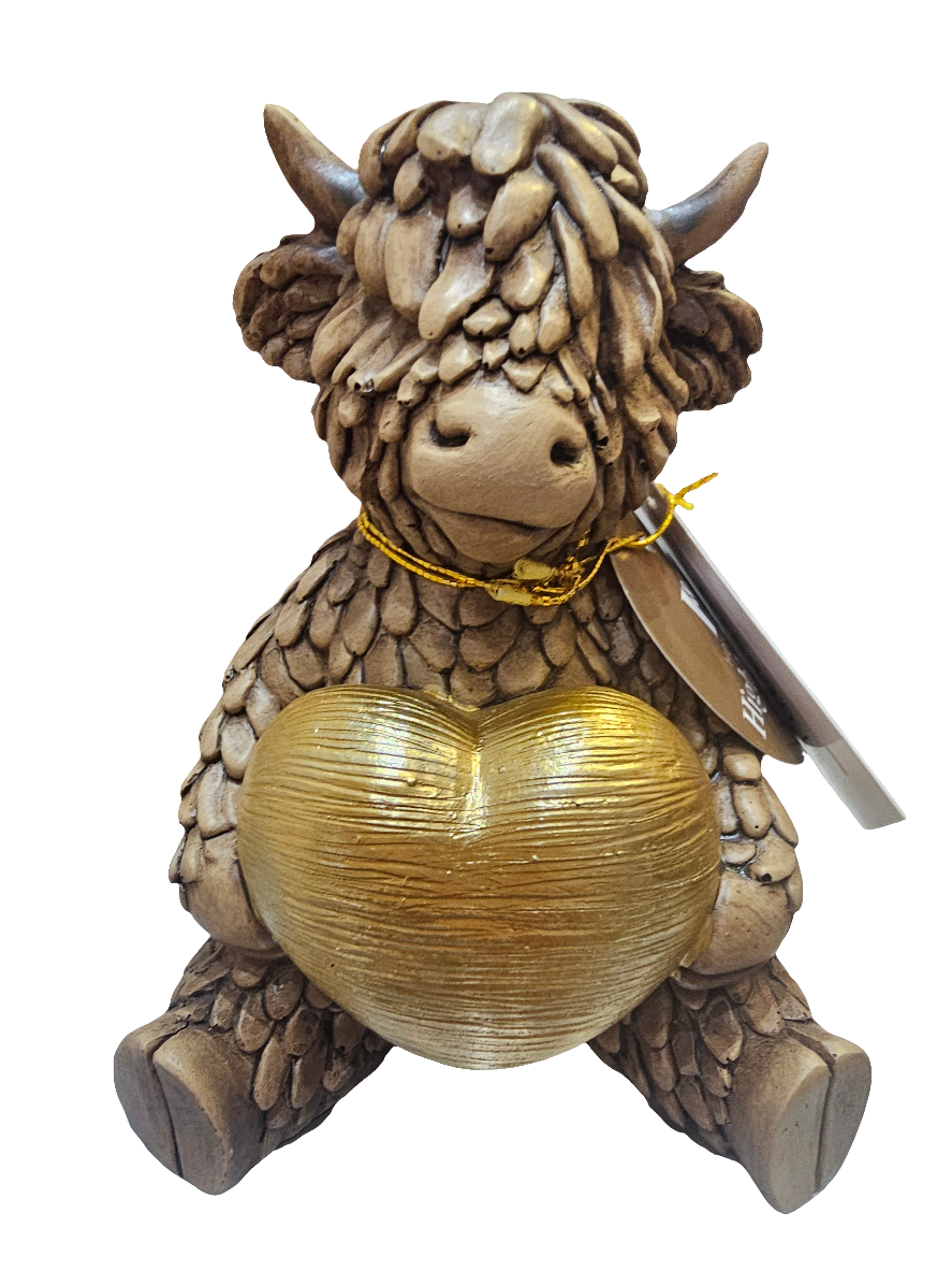 Highland Cow Holding Gold Heart Statue
