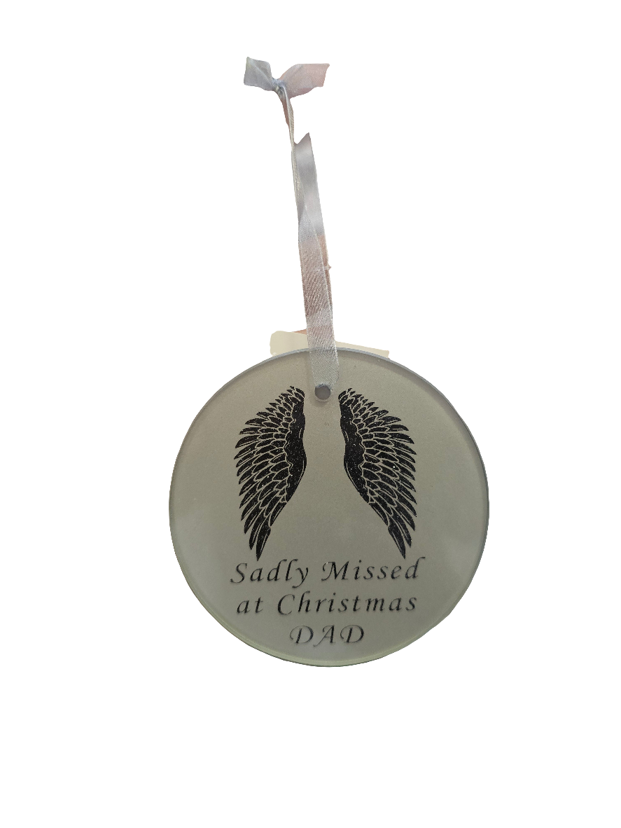 'Sadly Missed at Christmas" Grey Glass Angel Wing Hanging Ornament