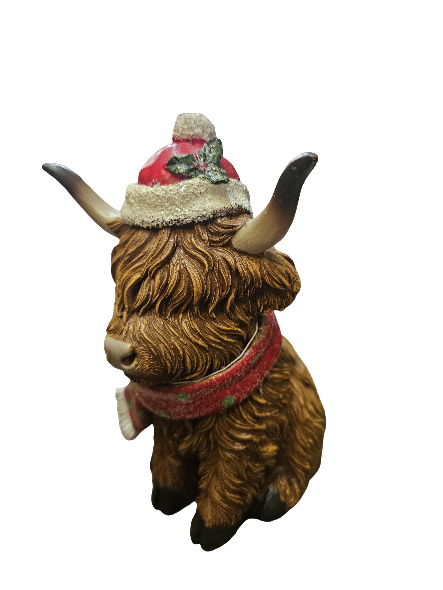 Christmas Highland Cow With Scarf Sitting