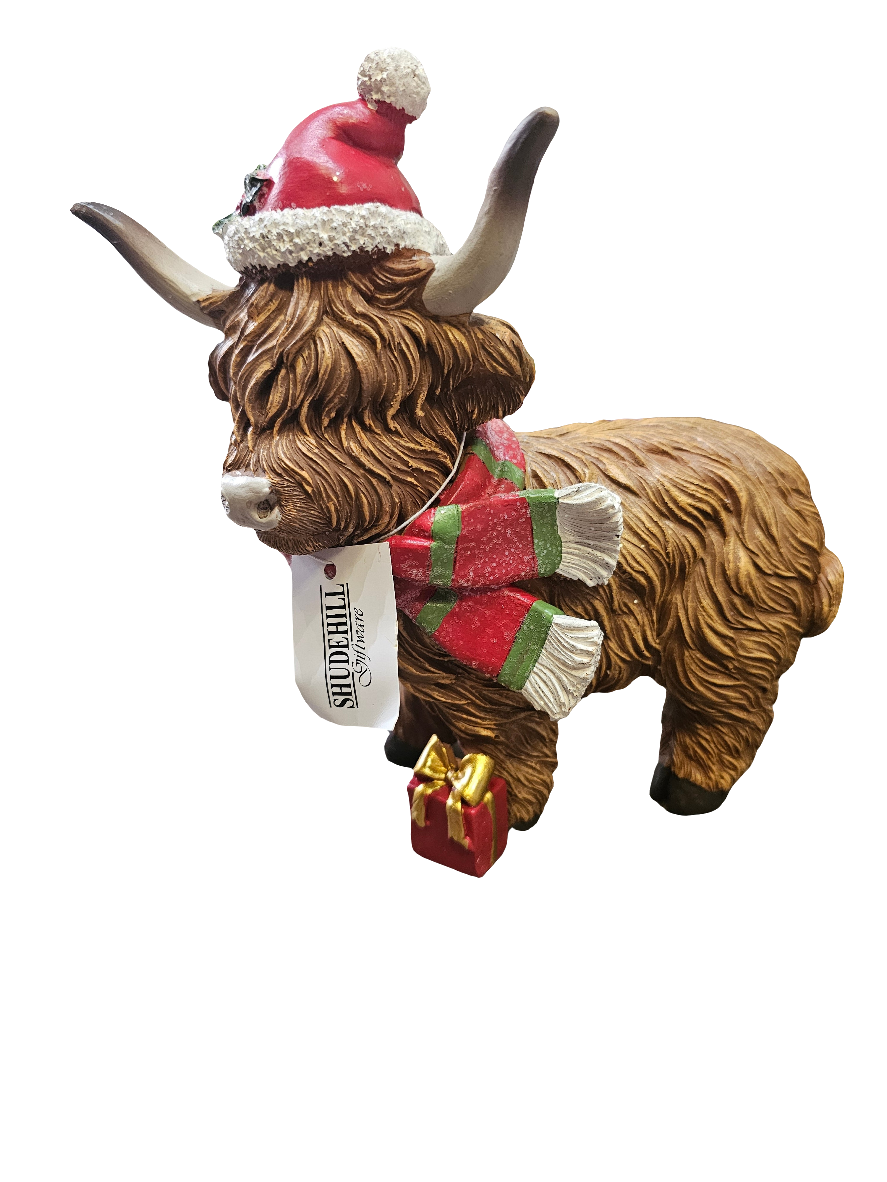 Christmas Highland Cow With Scarf Standing