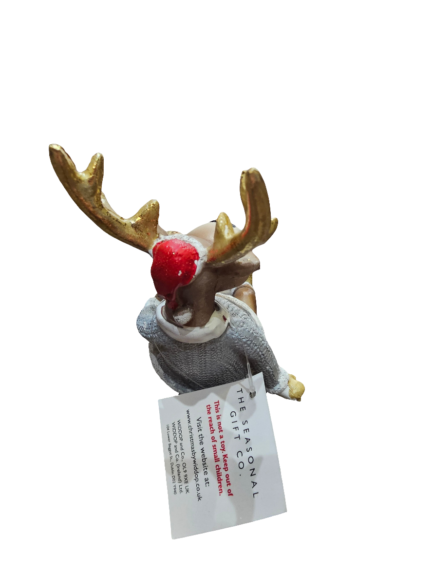Seated Reindeer Statue in jumper and Santa hat