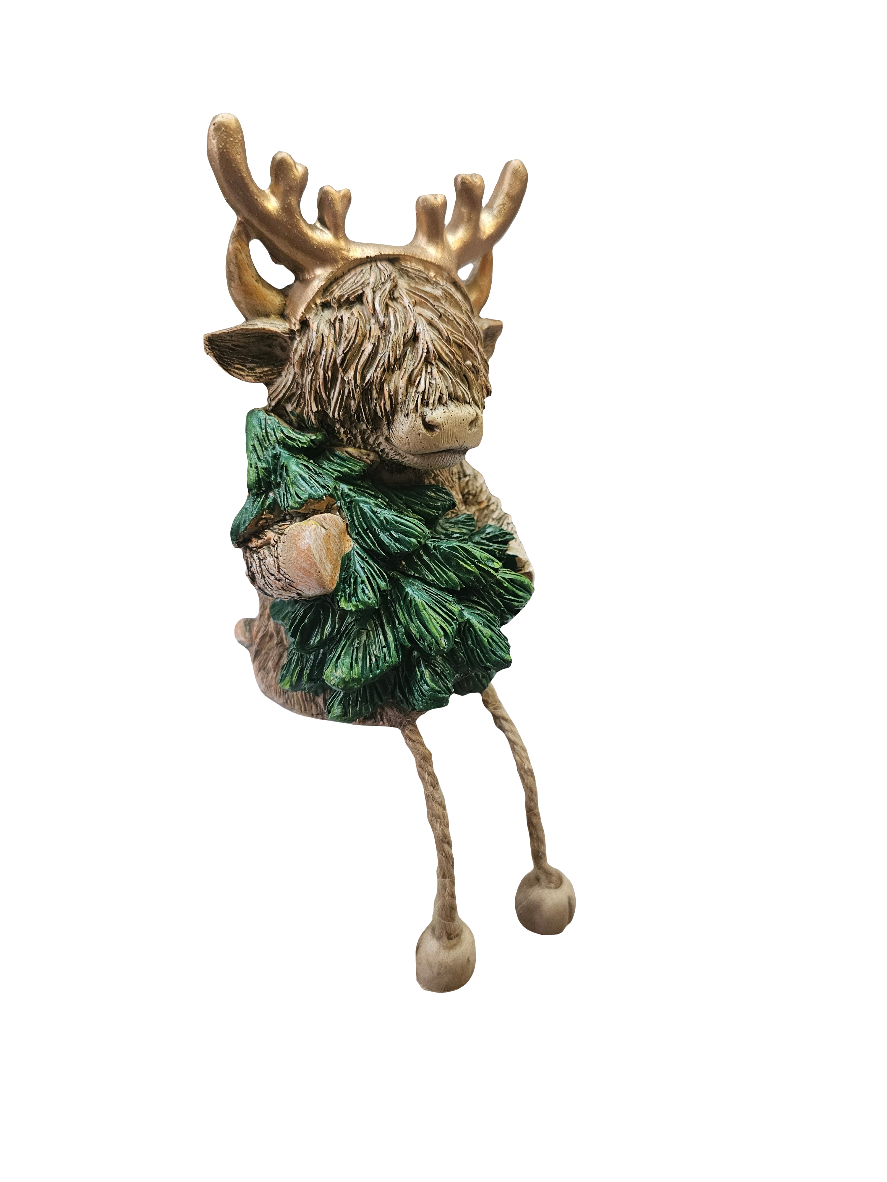 Christmas Highland Cow Statue  with Tree and Dangling legs