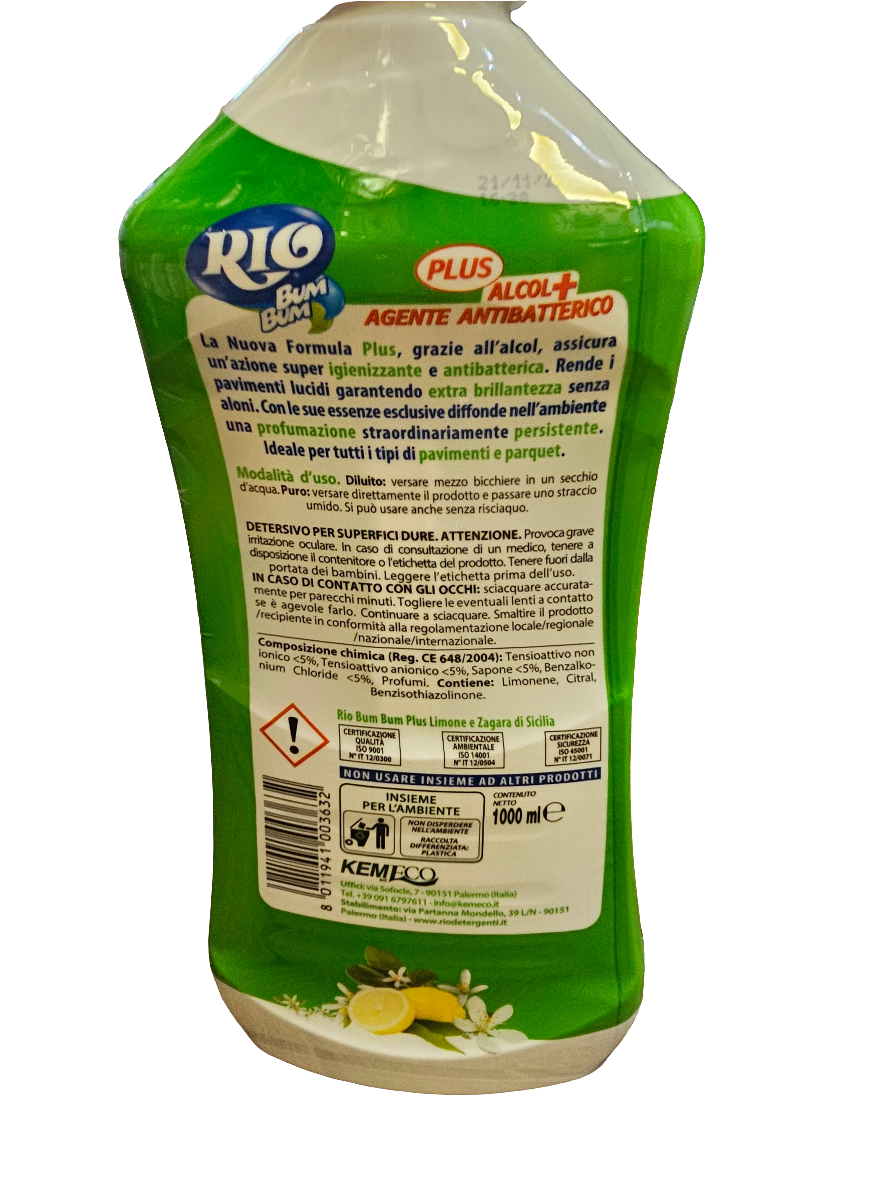 Rio Bum Bum Plus Pavimenti Limone e Zagara di Sicilia, floor cleaner with a lemon and Sicilian orange blossom scent 1000ml