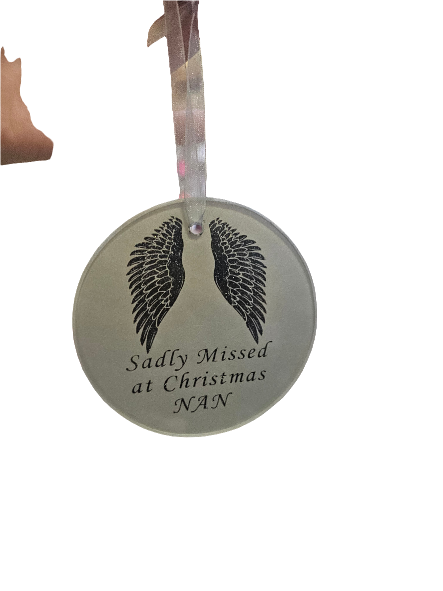 'Sadly Missed at Christmas" Grey Glass Angel Wing Hanging Ornament