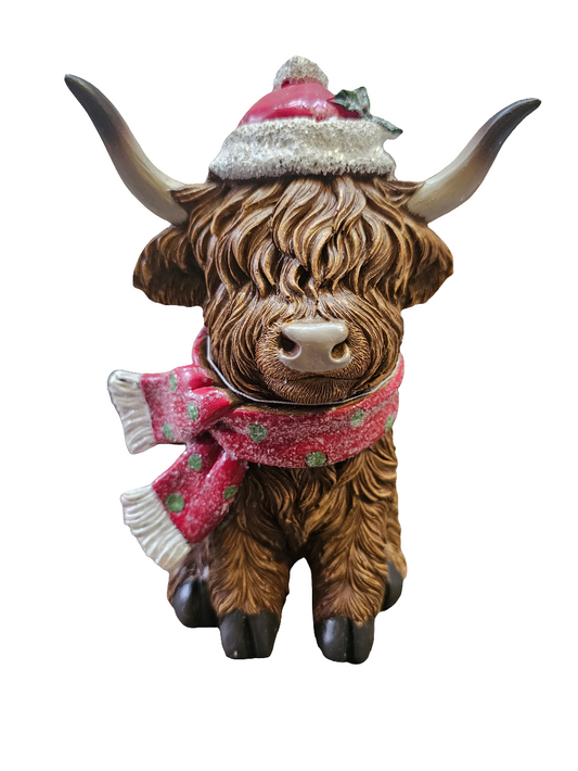 Christmas Highland Cow With Scarf Sitting