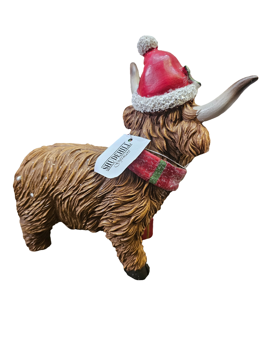 Christmas Highland Cow With Scarf Standing