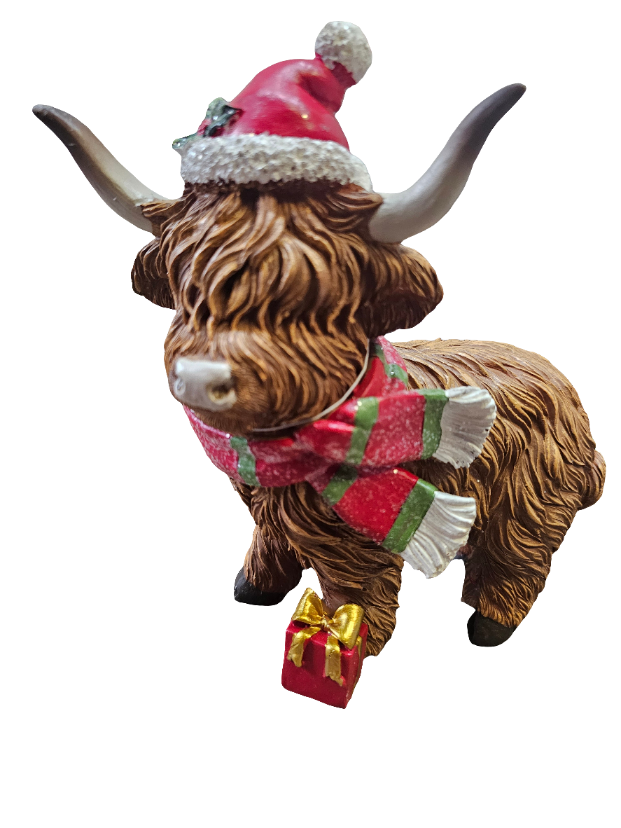 Christmas Highland Cow With Scarf Standing