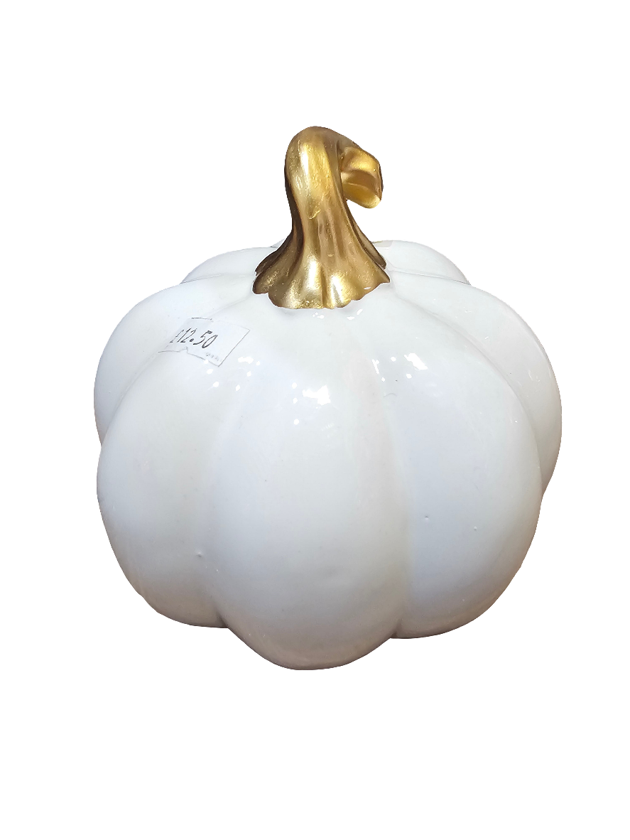 Ceramic White Pumpkin with Gold Stalk