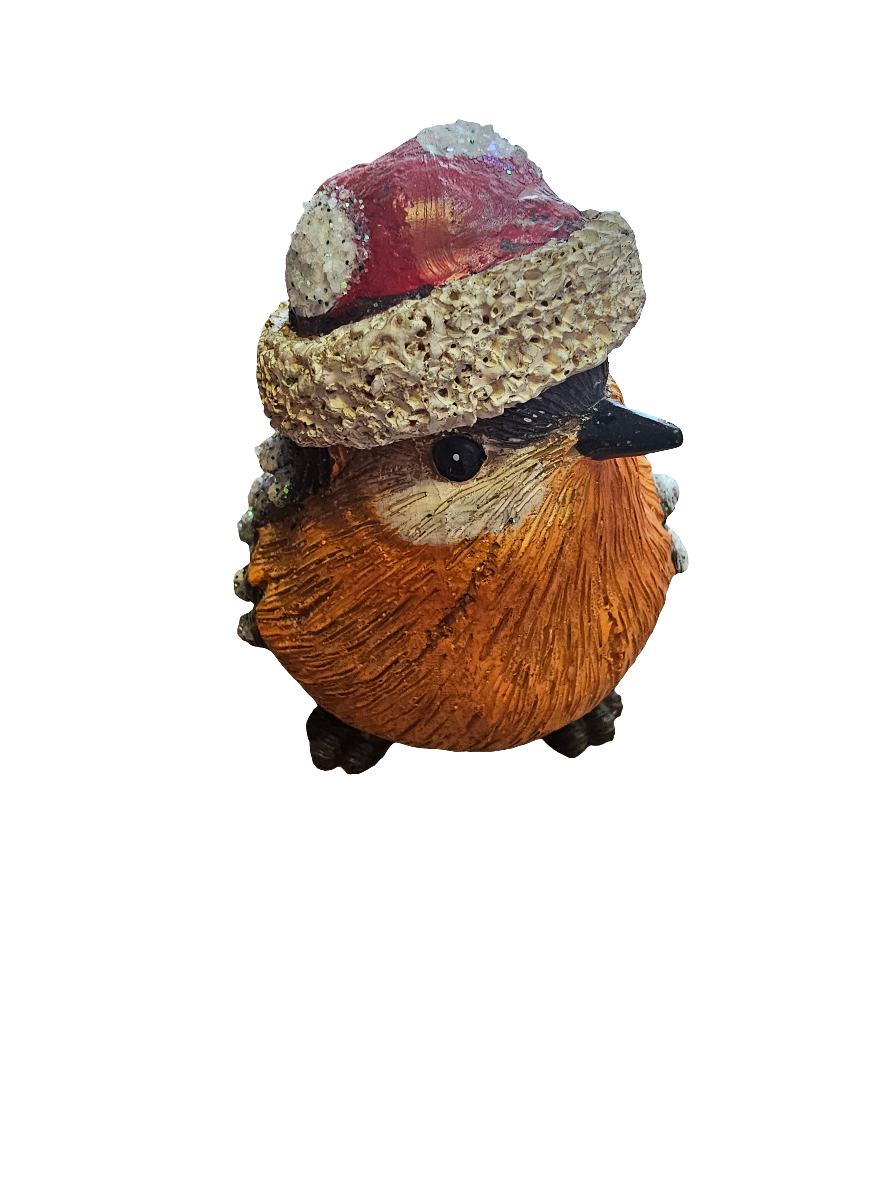 Sweet Festive Robin Statue with Hat and Glitter detailing