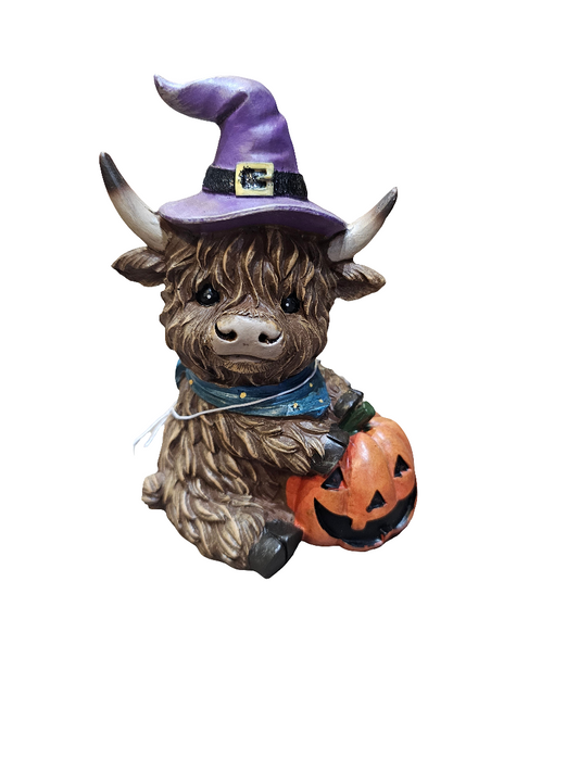 Witchy Highland Cow With Pumpkin and purple hat