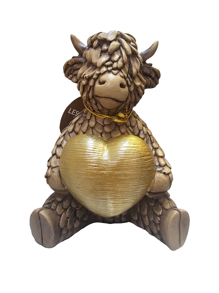 Highland Cow Holding Gold Heart Statue