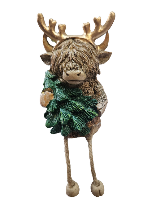 Christmas Highland Cow Statue  with Tree and Dangling legs