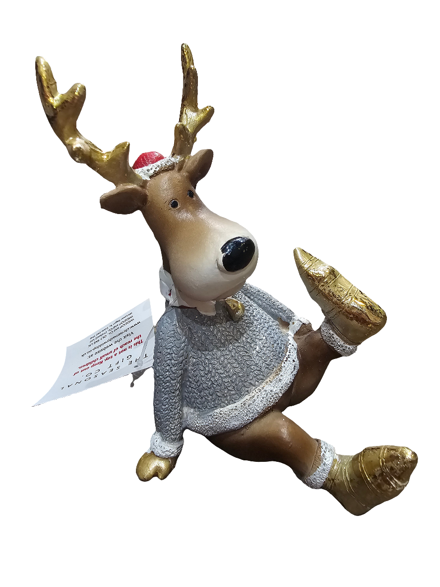Seated Reindeer Statue in jumper and Santa hat