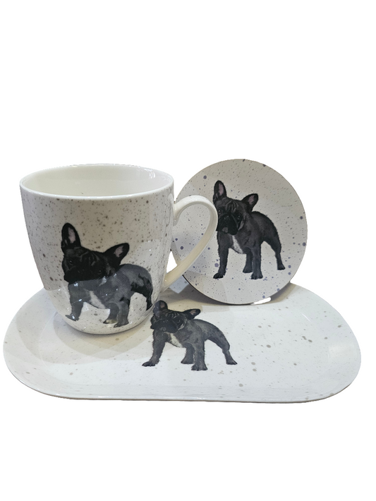 Frenchie Fine China Mug and Coaster with melamine tray