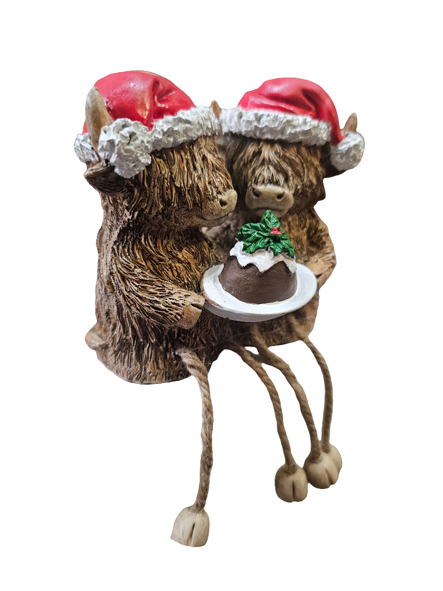 Christmas Highland Cow Double with pudding and dangling legs