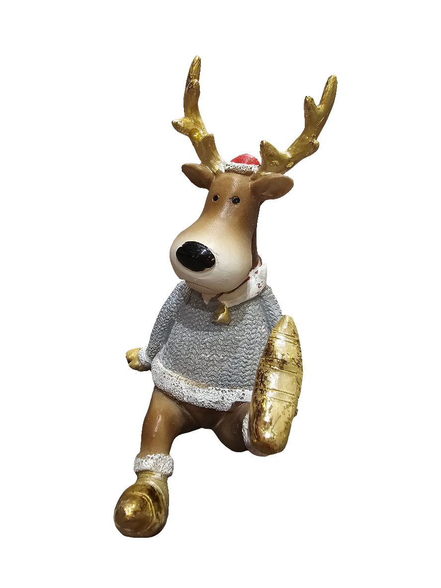 Seated Reindeer Statue in jumper and Santa hat