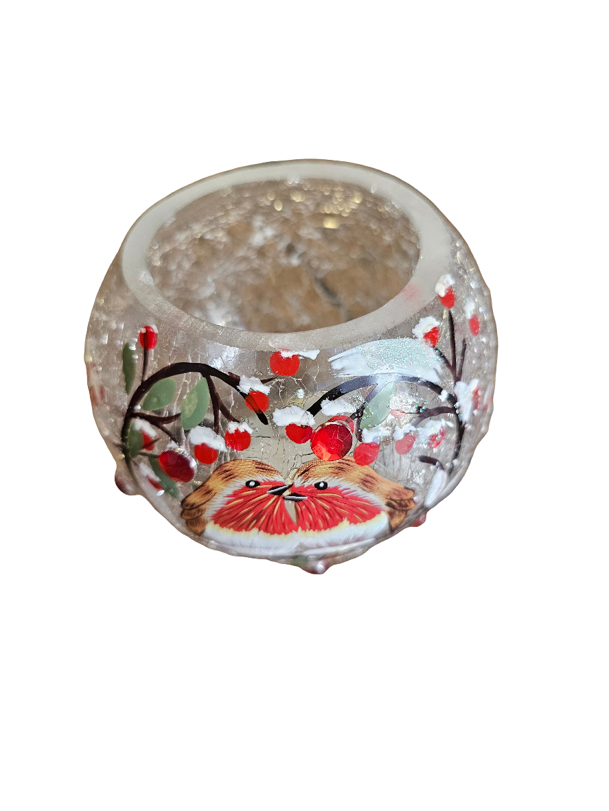 Christmas Crackle Ball Tealight Holder Robins