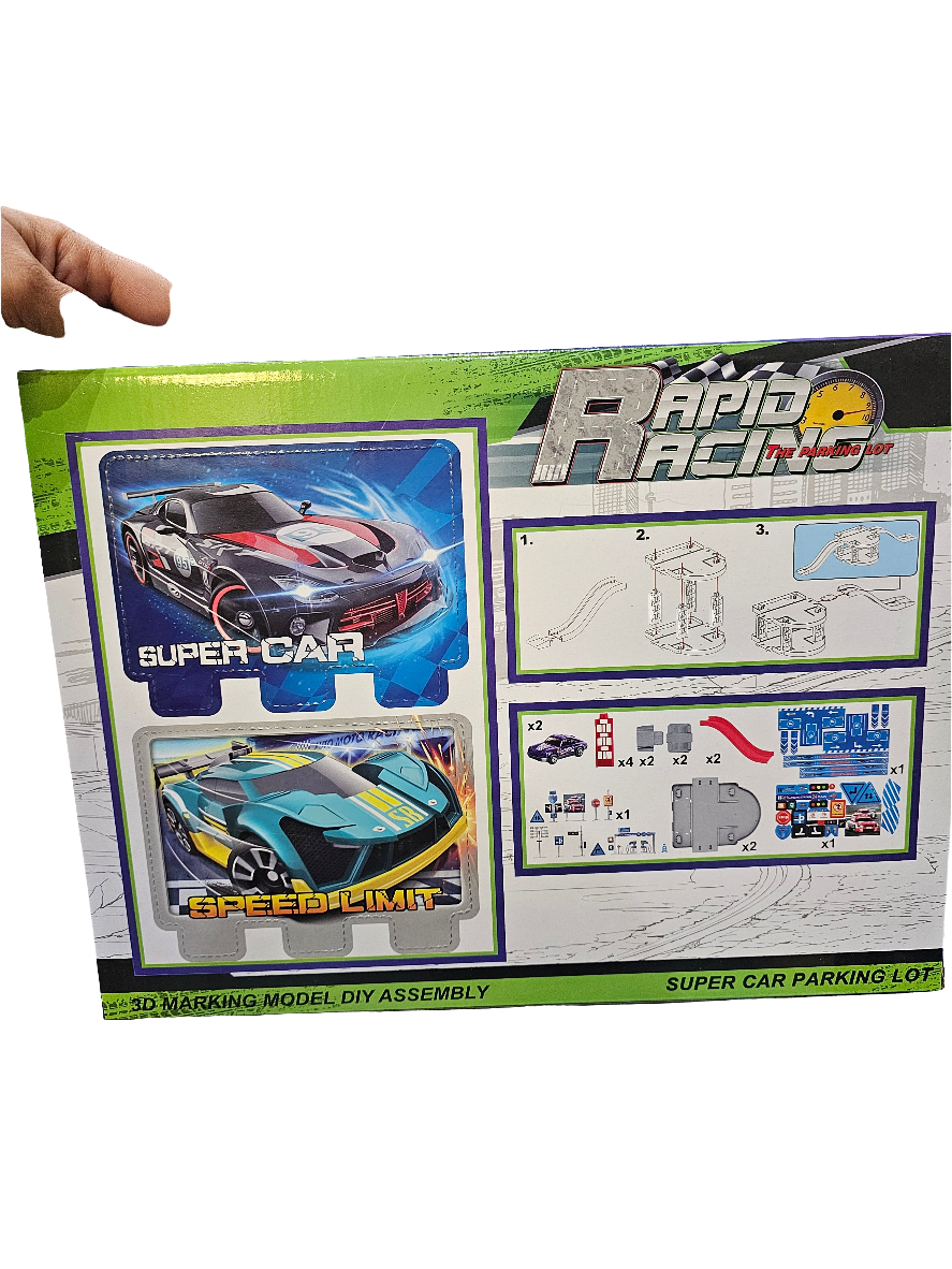 Rapid Racing Super Car Parking Lot" playset, a DIY assembly toy for children aged 3 and up.
