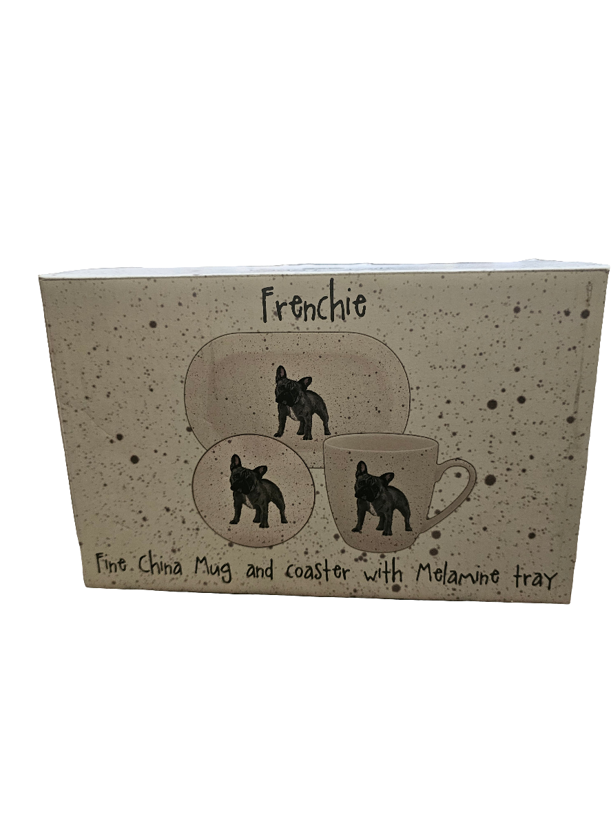 Frenchie Fine China Mug and Coaster with melamine tray
