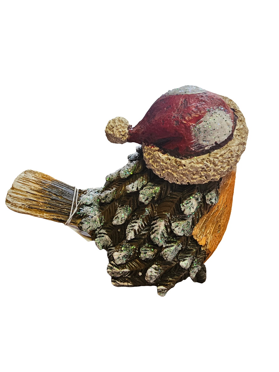 Sweet Festive Robin Statue with Hat and Glitter detailing