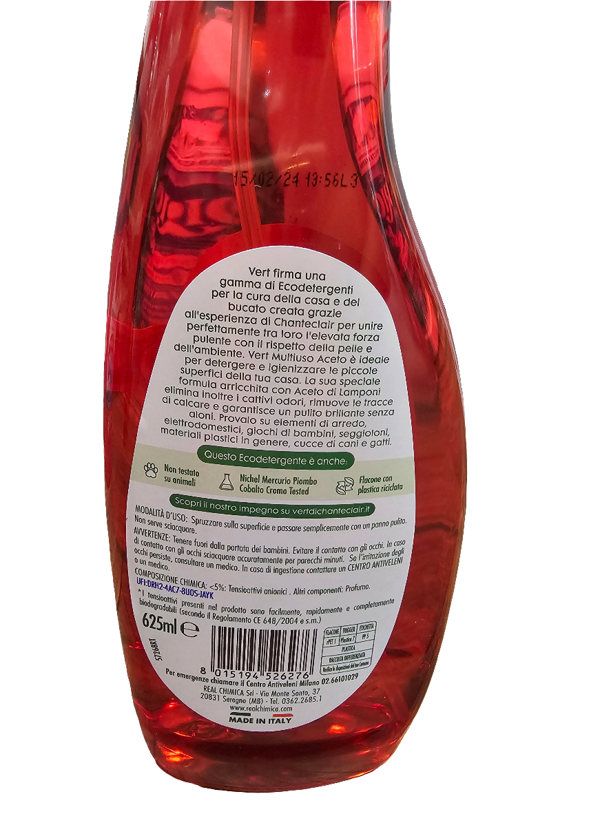 Chanteclair Vert Ecodetergente Multiuso Aceto, a multi-purpose eco-friendly cleaner with raspberry vinegar 625ml