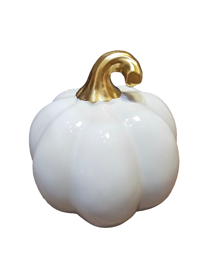 Ceramic White Pumpkin with Gold Stalk