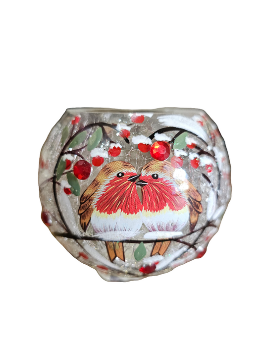 Christmas Crackle Ball Tealight Holder Robins