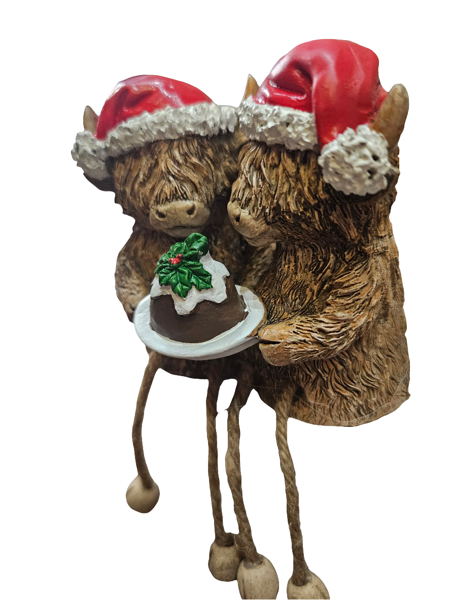 Christmas Highland Cow Double with pudding and dangling legs