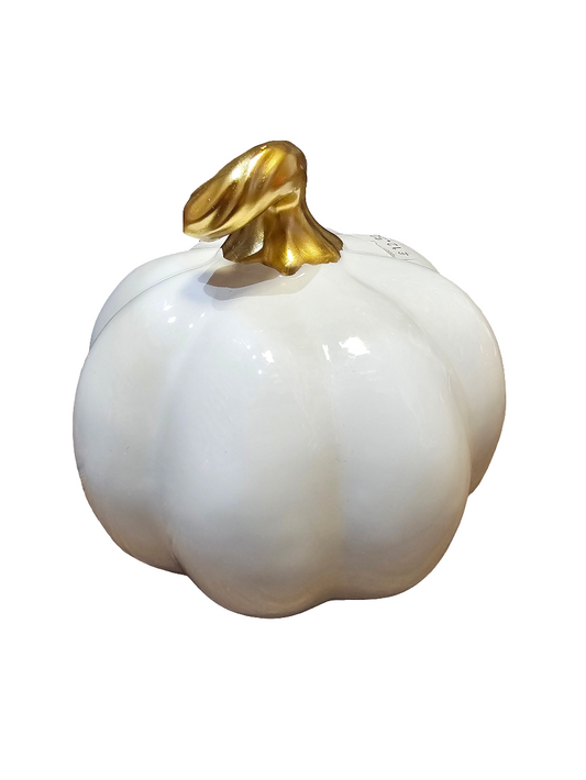 Ceramic White Pumpkin with Gold Stalk