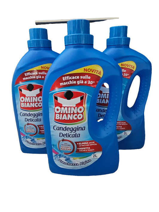 Omino Bianco Candeggina Delicata, gentle bleach designed for laundry in Alpine Freshness Scent 2L