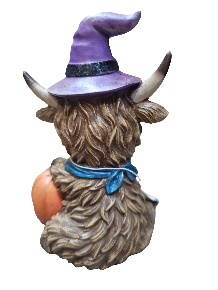 Witchy Highland Cow With Pumpkin and purple hat