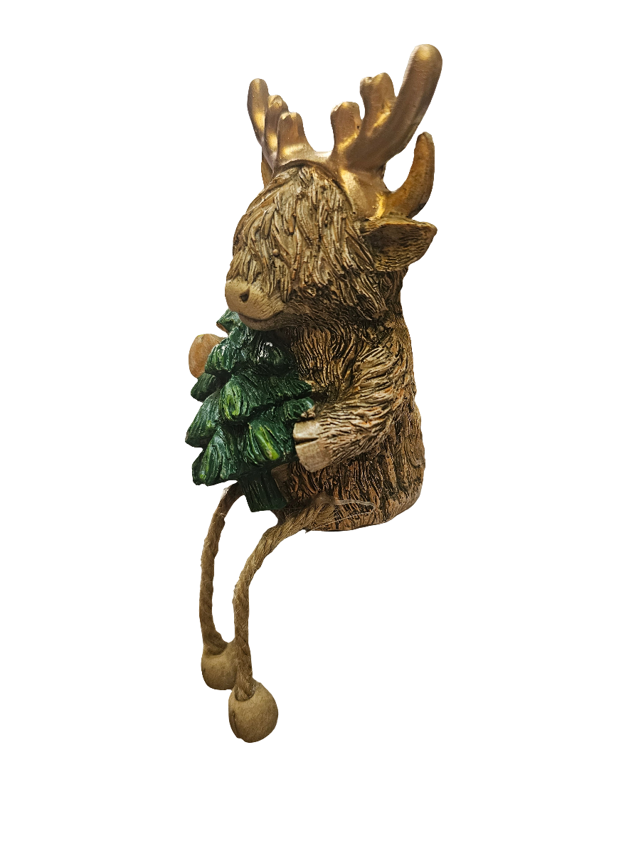 Christmas Highland Cow Statue  with Tree and Dangling legs