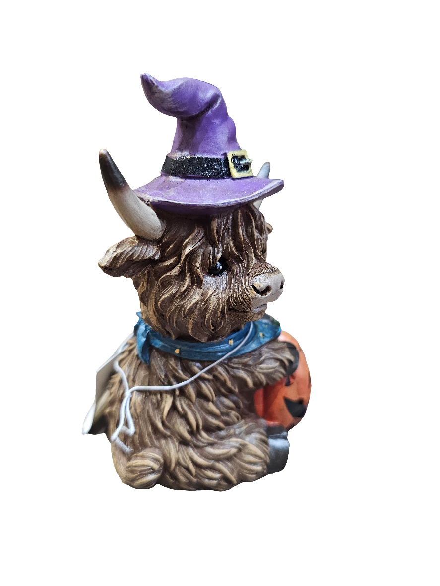 Witchy Highland Cow With Pumpkin and purple hat