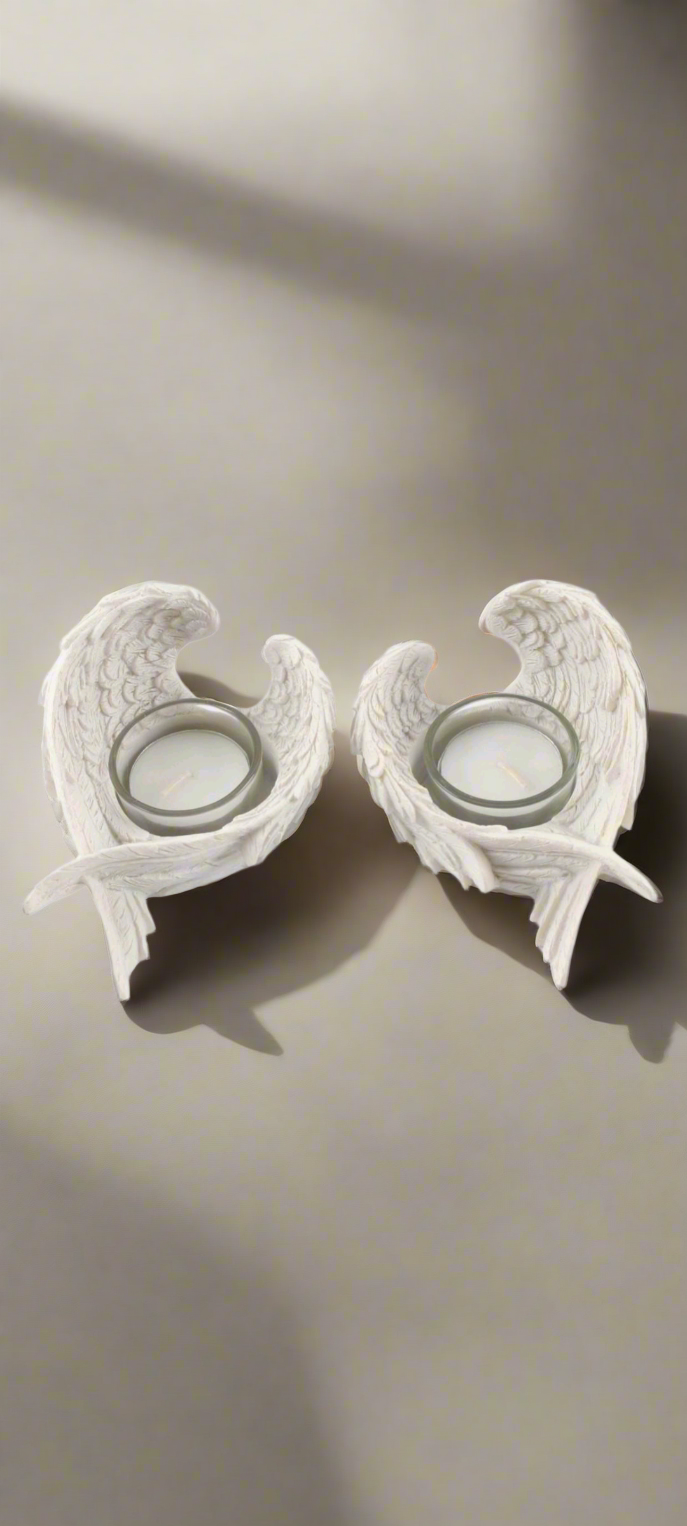 White glitter angel wings tealight holder