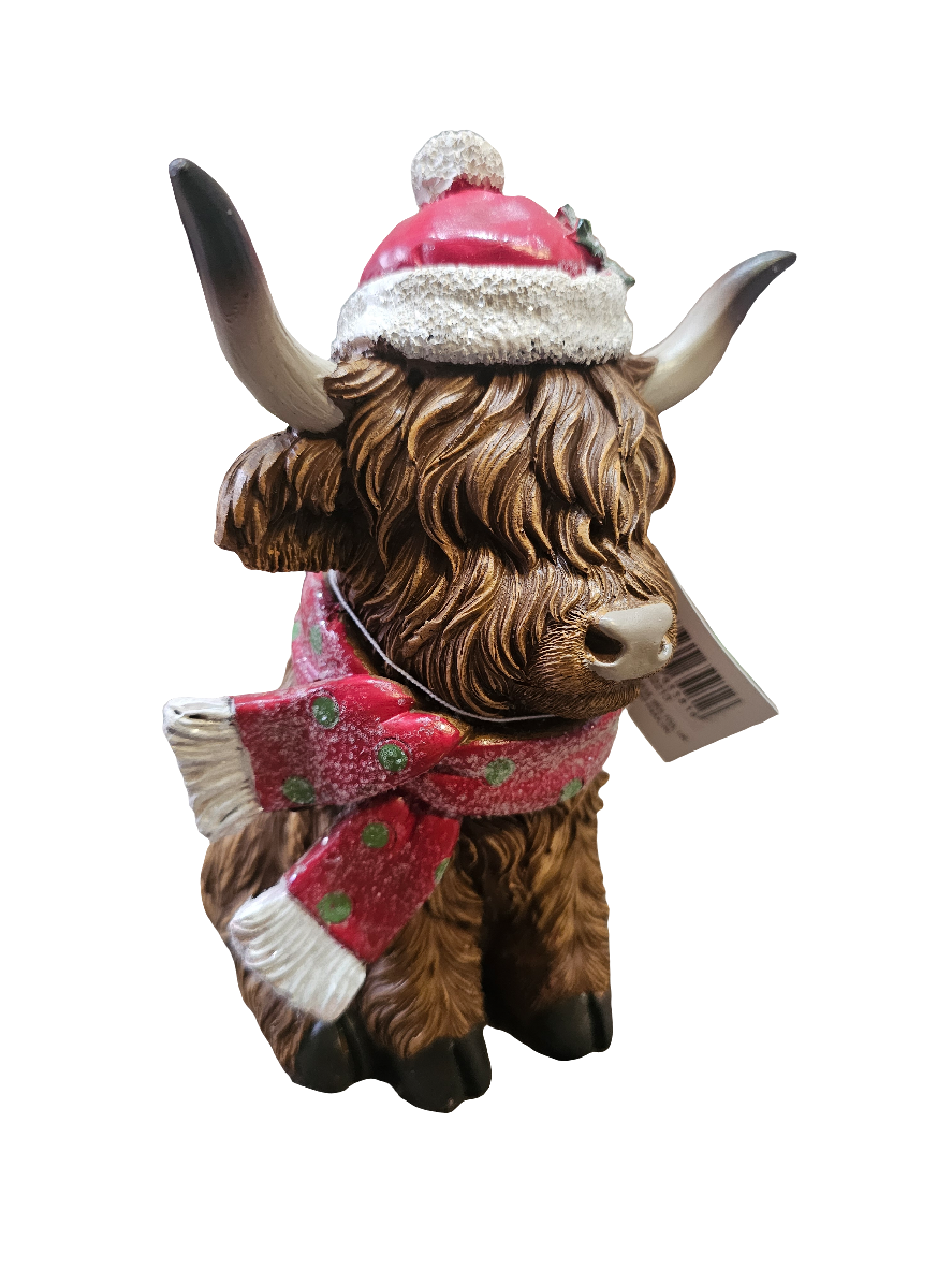 Christmas Highland Cow With Scarf Sitting