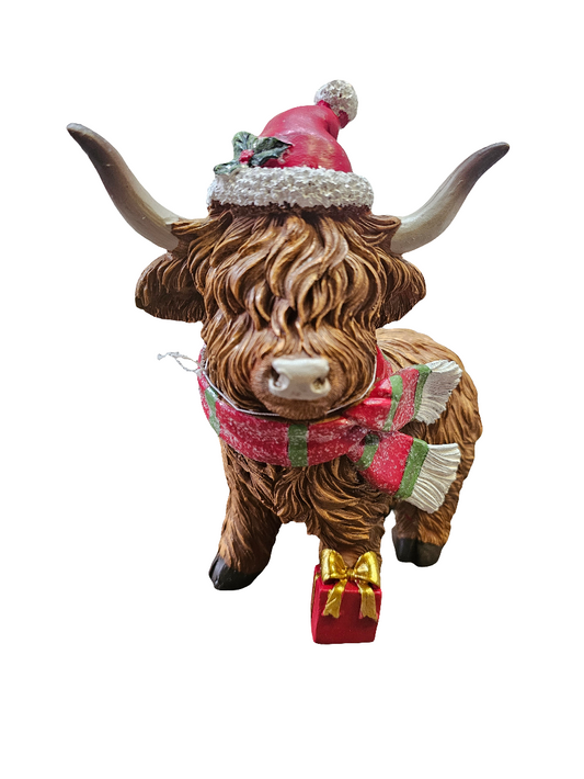 Christmas Highland Cow With Scarf Standing
