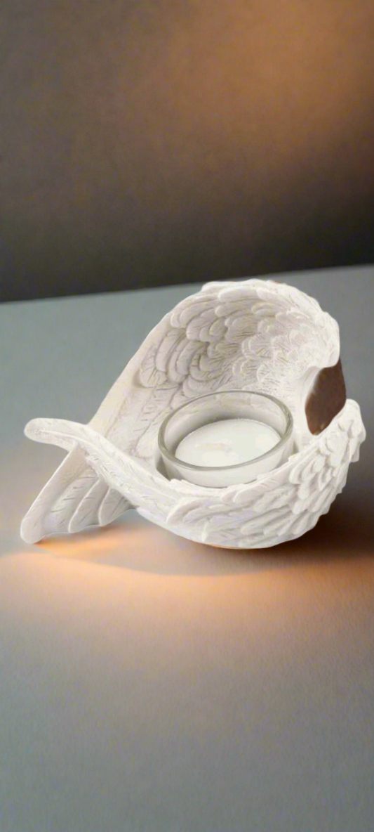 White glitter angel wings tealight holder