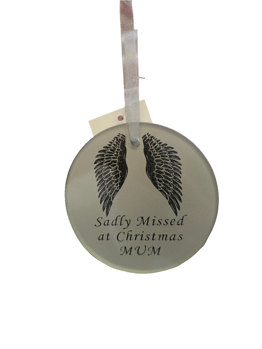 'Sadly Missed at Christmas" Grey Glass Angel Wing Hanging Ornament