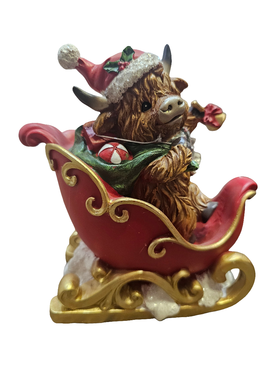 Merry Christmas Highland Cow in Sledge