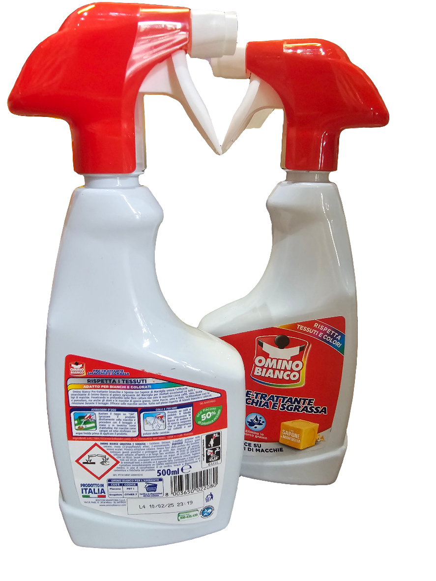 Omino Bianco Pre-Trattante Smacchia e Sgrassa, an Italian pre-treatment stain remover and degreaser for fabrics 500ml