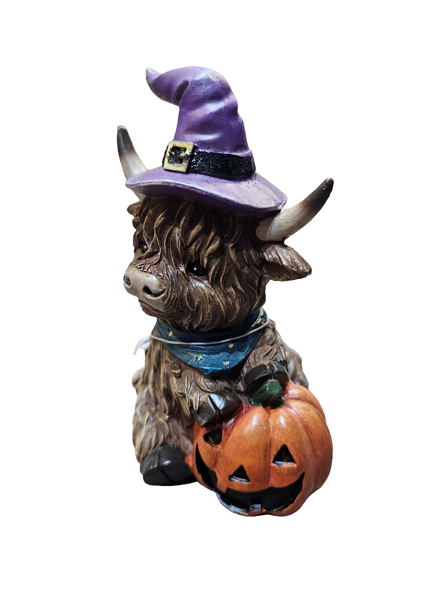 Witchy Highland Cow With Pumpkin and purple hat