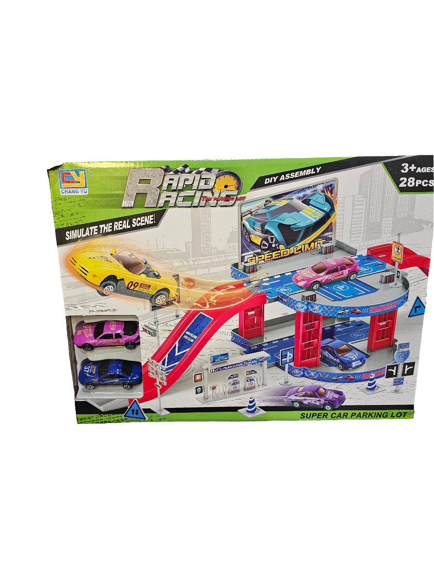 Rapid Racing Super Car Parking Lot" playset, a DIY assembly toy for children aged 3 and up.