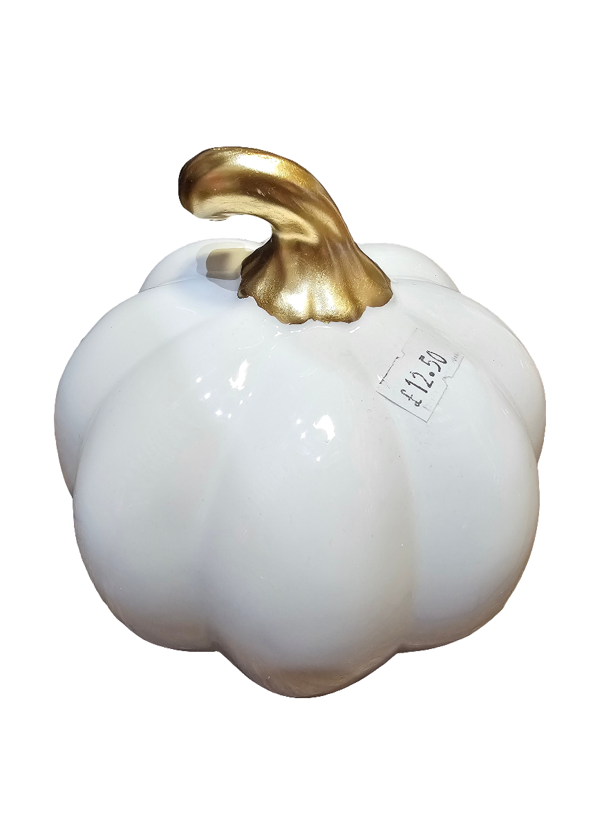 Ceramic White Pumpkin with Gold Stalk