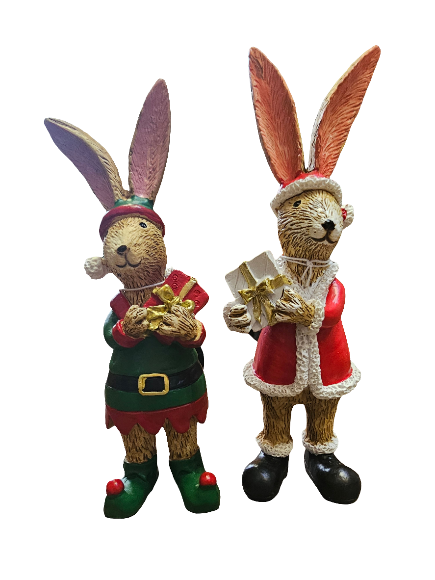 Festive Rabbit Statues holding presents 13cm
