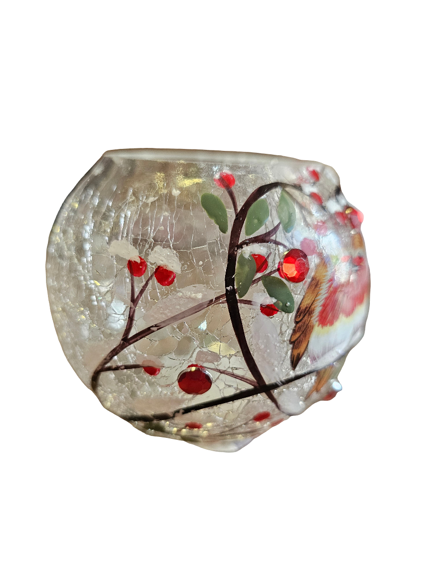 Christmas Crackle Ball Tealight Holder Robins