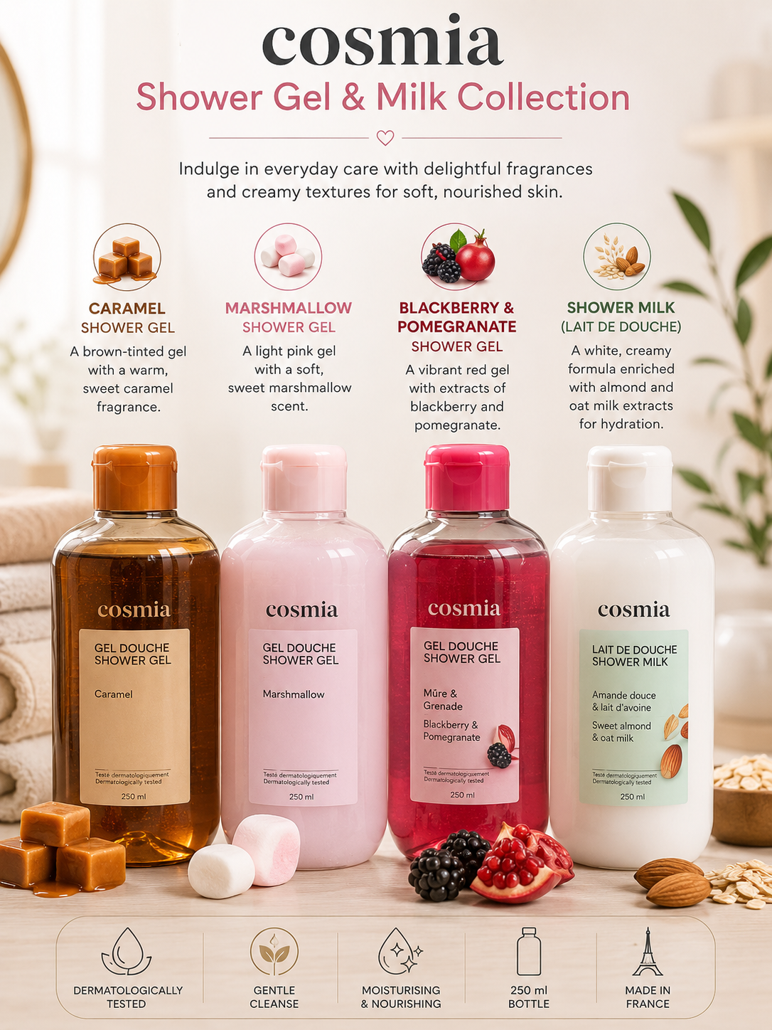 Cosmia shower gels and shower milk,