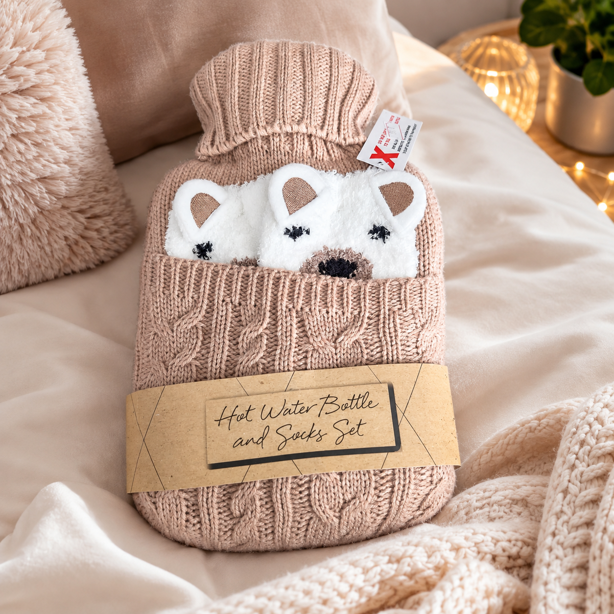 Hot Water Bottle with Knitted cover and cosy socks